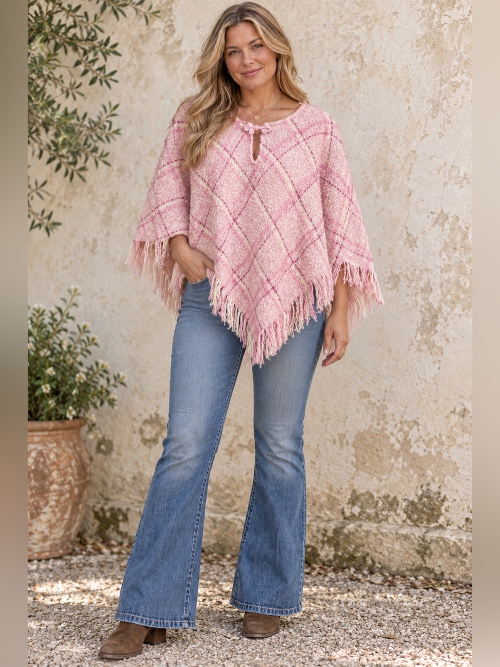 Boyne Valley Weavers Pink Plaid Wool Alpaca Poncho Made in Ireland One Size Plus